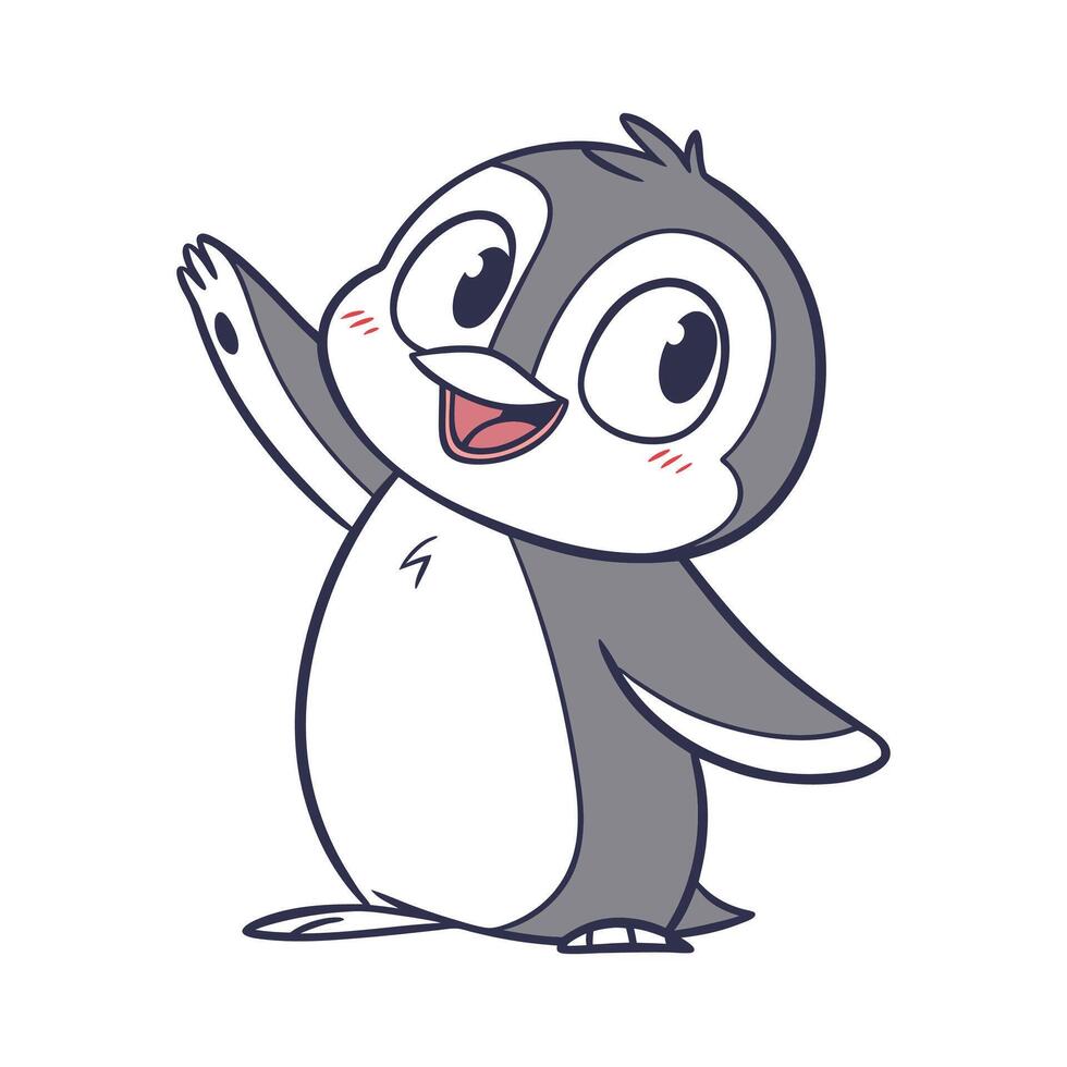 A cartoon penguin waving with his arms up vector