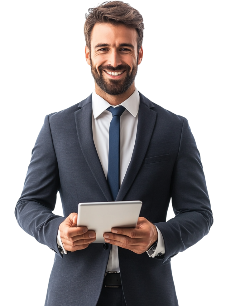 Smiling Businessman in a Formal Wear Using a Tablet against transparent background for Professional Context png