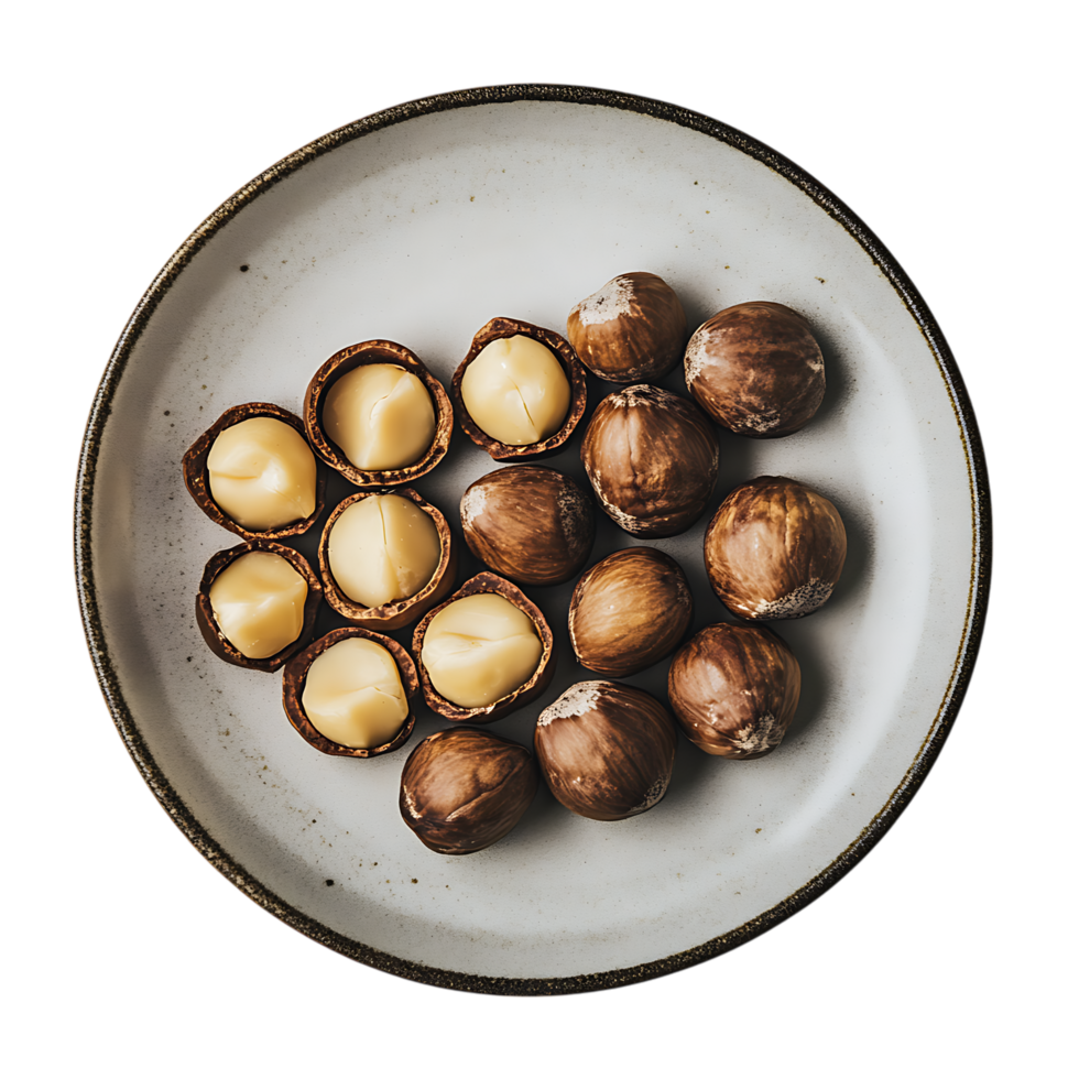Macadamia Nuts Bowl Against Transparent Background for Snack Branding, Food Advertising, or Healthy Eating Design Projects png