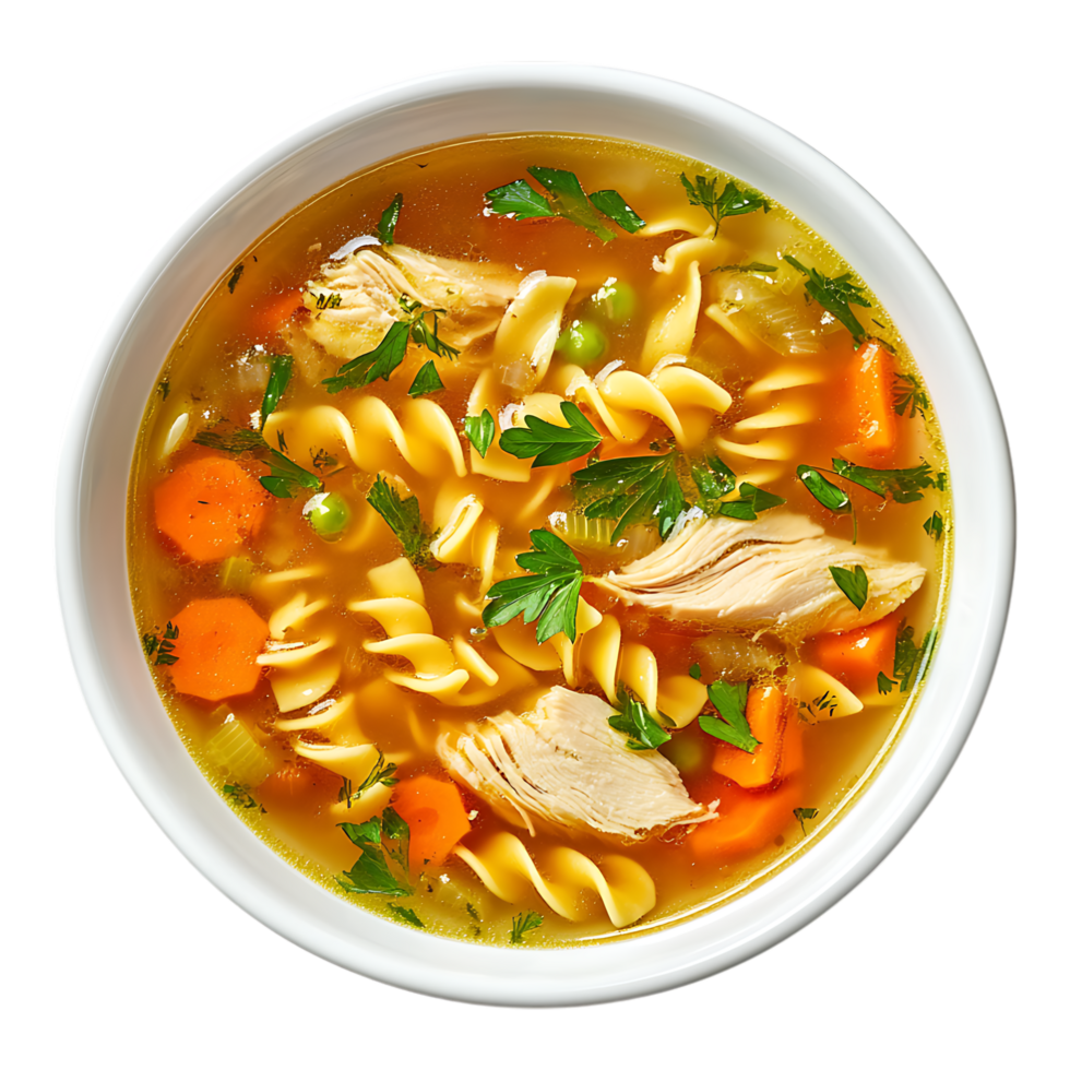 Chicken Noodle Soup top view over Transparent Background for Culinary, Comfort Food, or Recipe Design Projects png