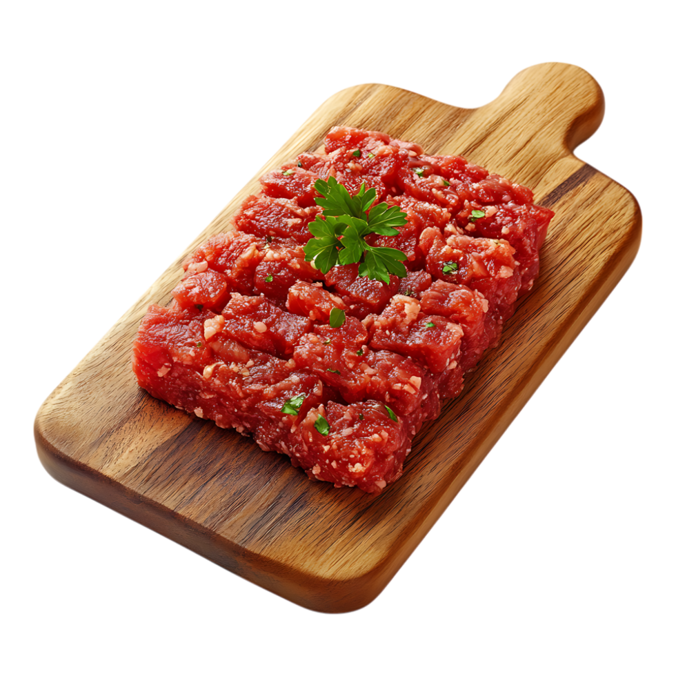 Fresh Minced Meat on Wooden Cutting Board Against Transparent Background for Culinary, Cooking, or Food Design Projects png