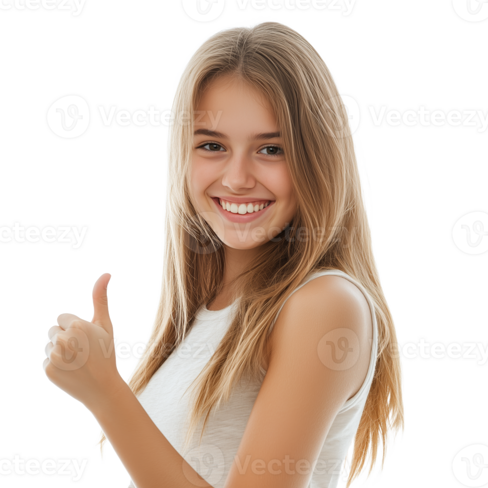 Cheerful young girl giving thumbs up with bright smile png