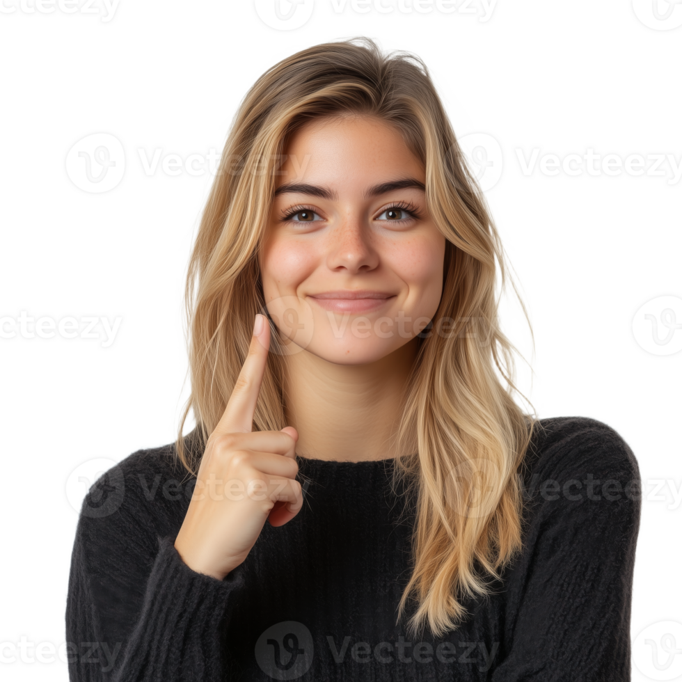 Confident Young Woman Smiling and Pointing with Joyful Expression png