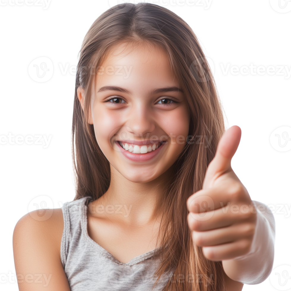 Cheerful Girl with Thumbs Up Sign Expressing Joy and Confidence png