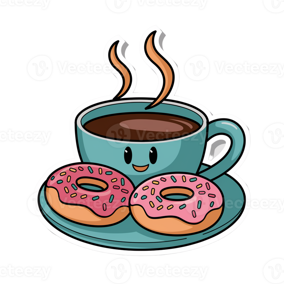 A sticker of two donuts and a cup of coffee png