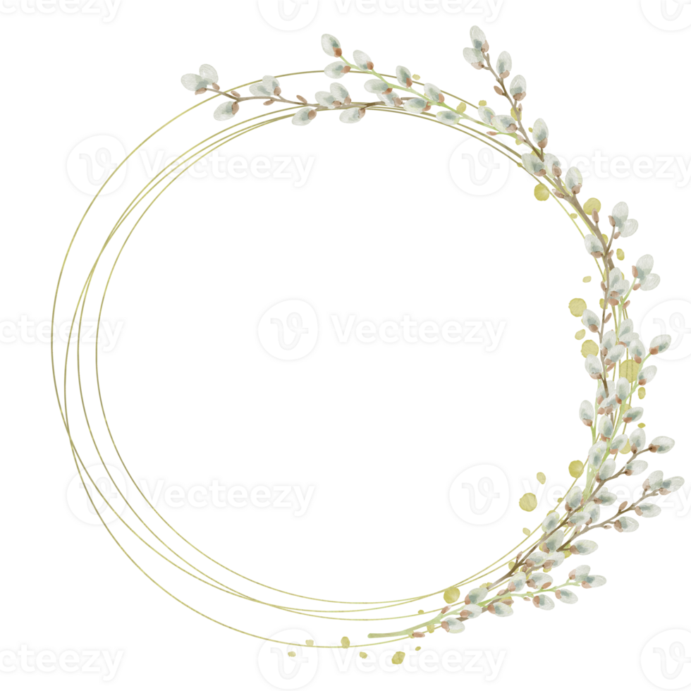 Watercolor illustration of round frame with willow buds. Ideal for romantic greeting cards, invitations to weddings or birthdays. Cosmetics, perfumes and home decor. Frame for websites or apps png
