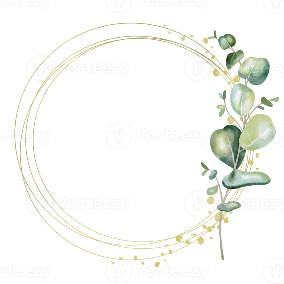 Watercolor illustration of round frame with eucalyptus leafs. Ideal for romantic greeting cards, invitations to weddings or birthdays. Cosmetics, perfumes and home decor. Frame for websites or apps png