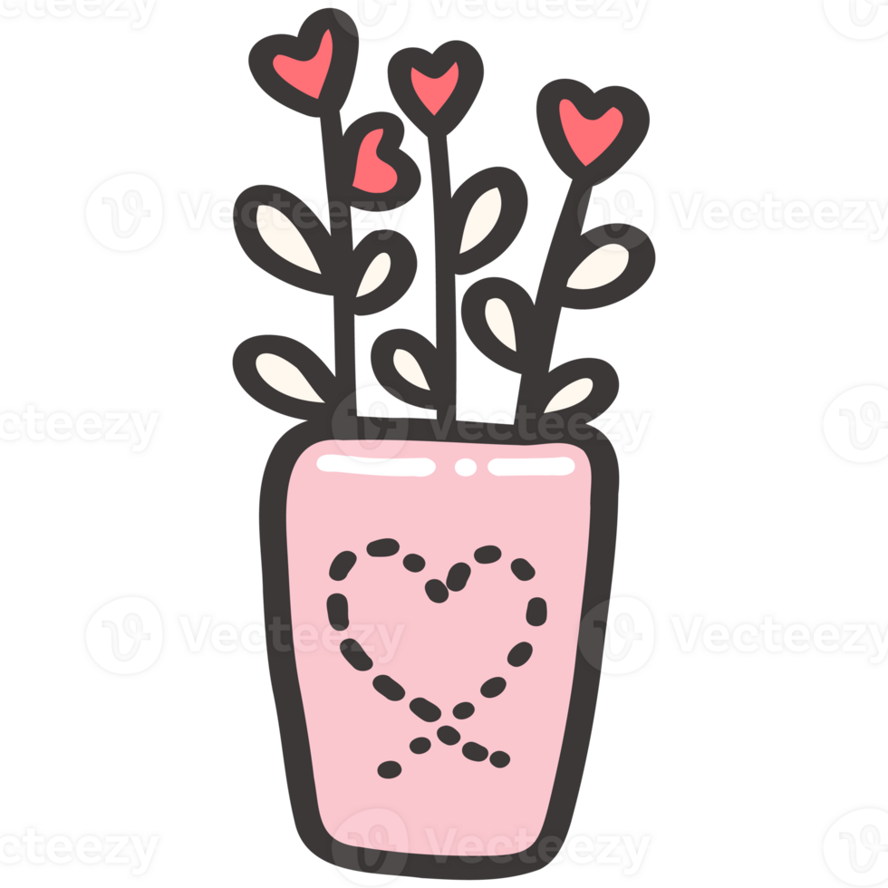 Valentine love flowerpot with a heart-shaped flower doodle cartoon hand drawing png