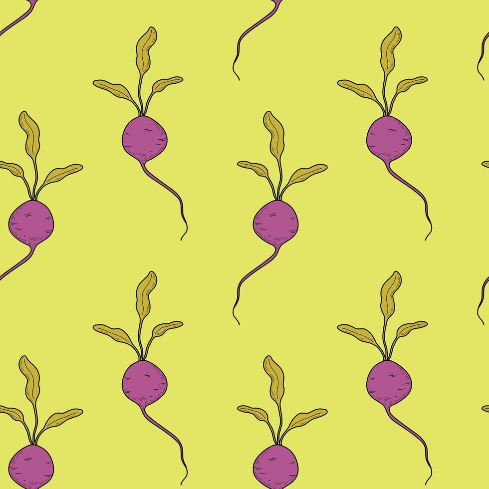 Pattern with beets on a yellow background. Vegetable seamless pattern with beet, radish, radish, root vegetable vector