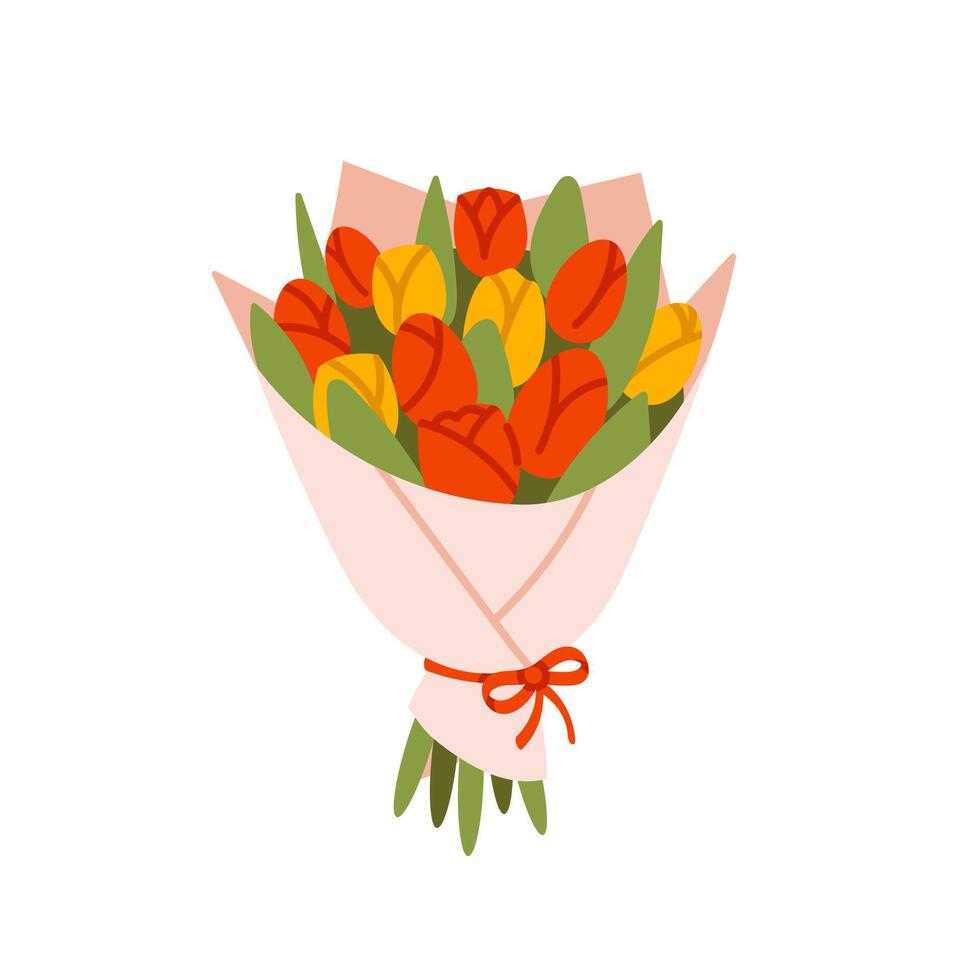 Bouquet of tulips in a package. Spring flowers. Flat illustration. vector