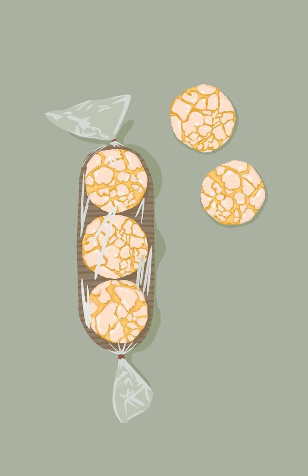 Delicious Baked sugar biscuits wrapped in plastic packaging on dusty green background vector