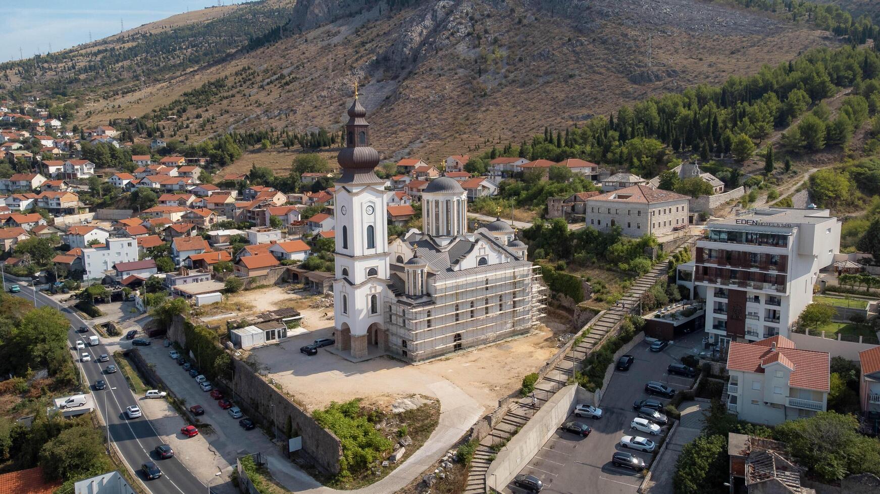 Panorama of Orthodox Church of the Holy Trinity in Mostar, Bosnia and Herzegovina. Place of worship, cultural heritage and tourist attraction in the city. Travel to Mostar photo