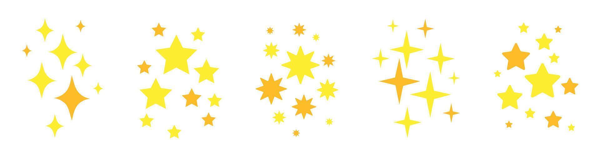 Set of sparkling stars in cartoon style. Flat illustration of twinkling yellow stars isolated on white background. A group of stars. vector