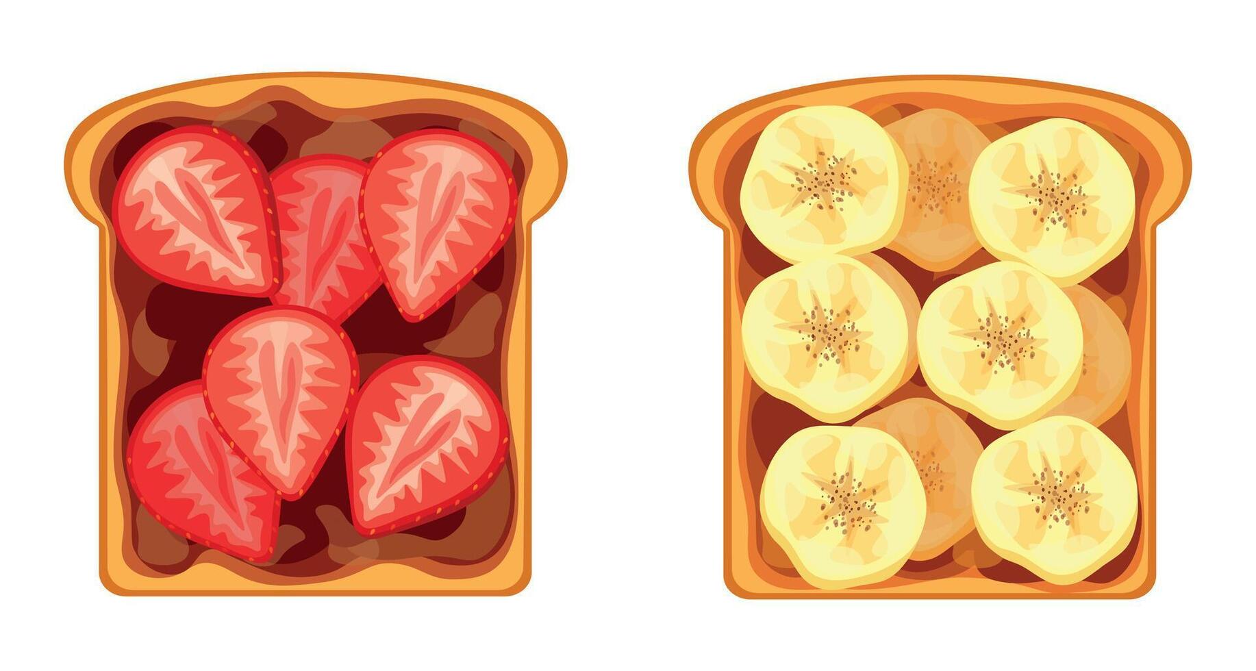 Set of sweet sandwiches with different fillings isolated on a white background. Flat illustration of toasts with chocolate and strawberries and bananas with peanut butter in cartoon style. vector