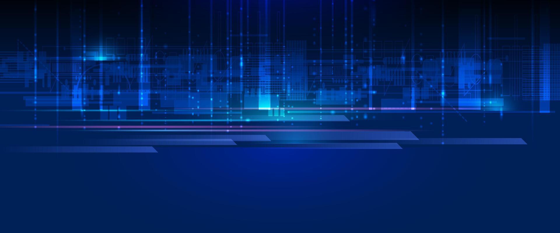 Illustration architecture, cityscape with cyber space, neon light. Modern hi-tech, science, data - datum futuristic technology concept. Abstract digital city vector
