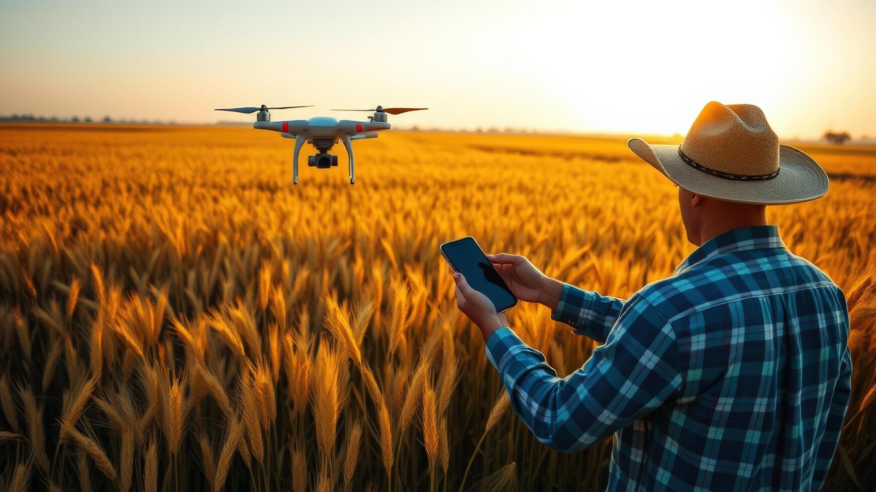 Farmer in a blue checkered shirt using smartphone for smart farming technology photo
