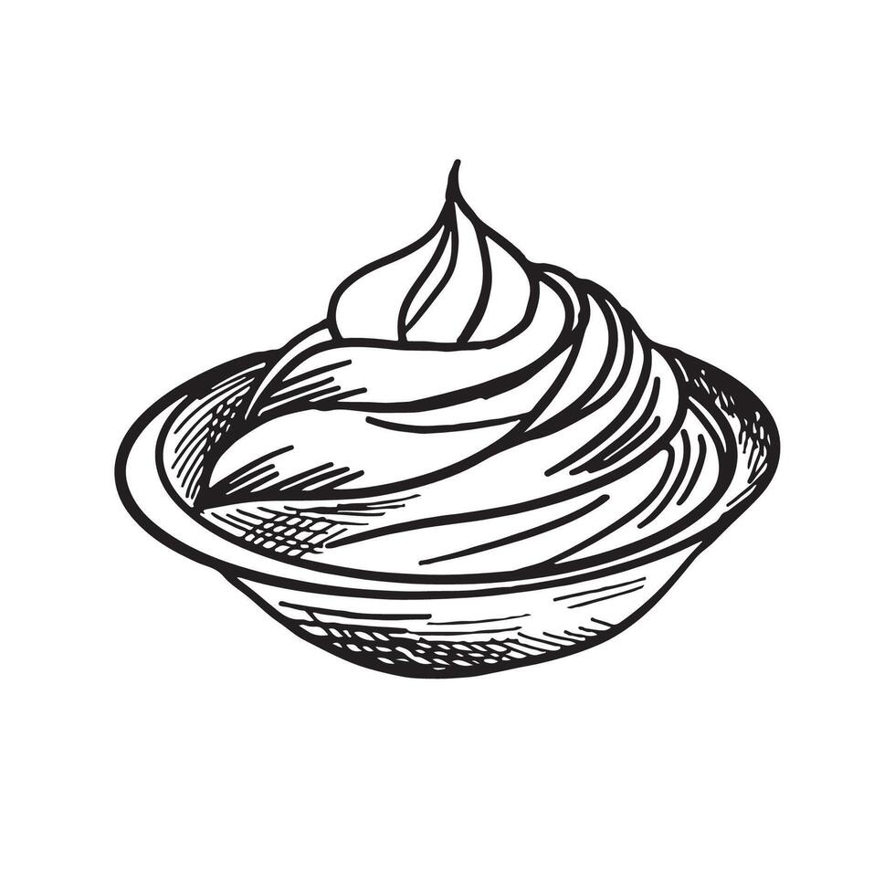 Sauce bowl outline icon illustration. Line hand drawing BBQ, tomato ketchup, mustard or yoghurt cream, mayonnaise for dipping food, side view of condiment and seasoning sauce in glass cup vector