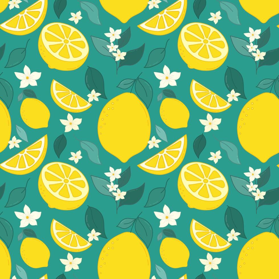 Seamless Hand Drawn Lemon Fruits Pattern. Colorful fresh citrus with blossoming branches, leaves, half cut lemons and lemon slices for fabrics, wallpaper, prints, juice products. vector