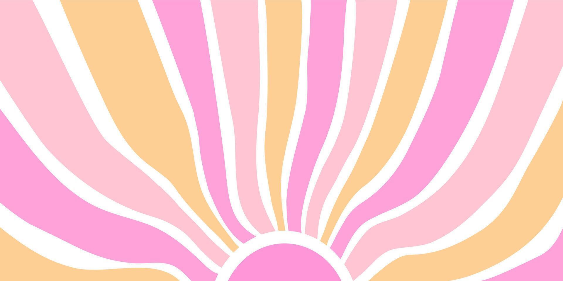 Abstract sunburst background with soft pastel pink, yellow, and orange wavy lines, reminiscent of retro 70s design, modern minimalism vector