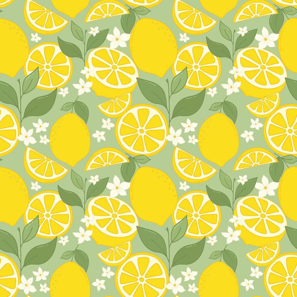 Lemon Fruits Seamless Pattern. Fresh citrus with lemon flowers, leaves, half cut lemons and lemon slices for fabrics, wallpaper, prints, juice products. vector