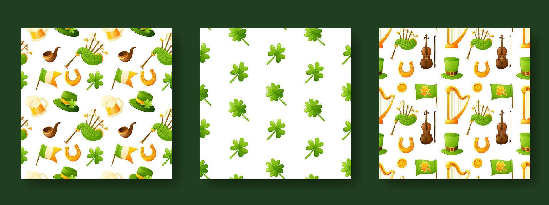 Set of seamless patterns for St Patricks Day on a white background. Pattern with the image of coins, shamrock, clover and leprechaun hat. Festive texture, background vector
