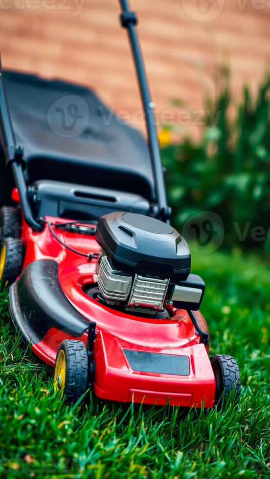 powerful red lawn mower sits on a fresh green lawn ready for work. photo