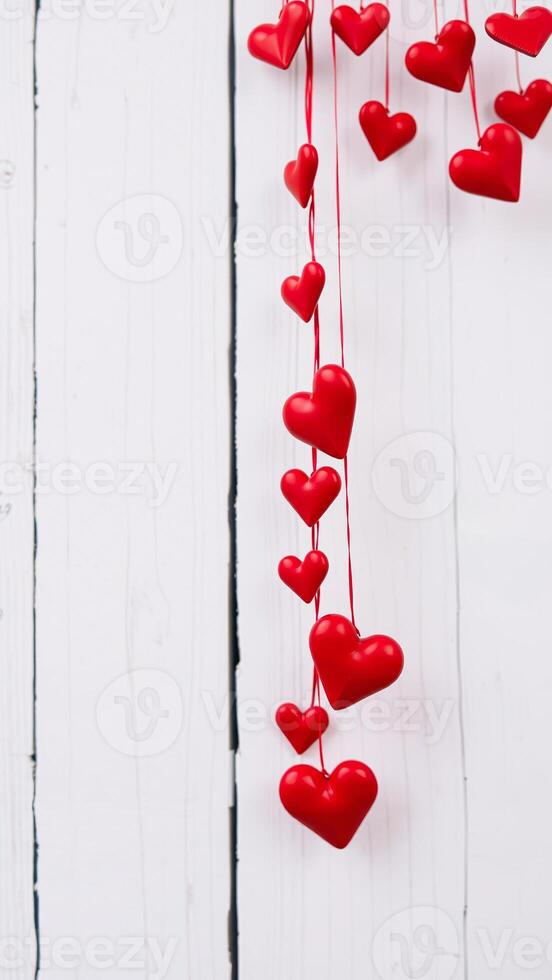 string of red hearts hanging against a white wooden background photo