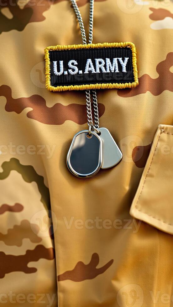 close-up of u.s. army patch and dog tags on camouflage uniform photo