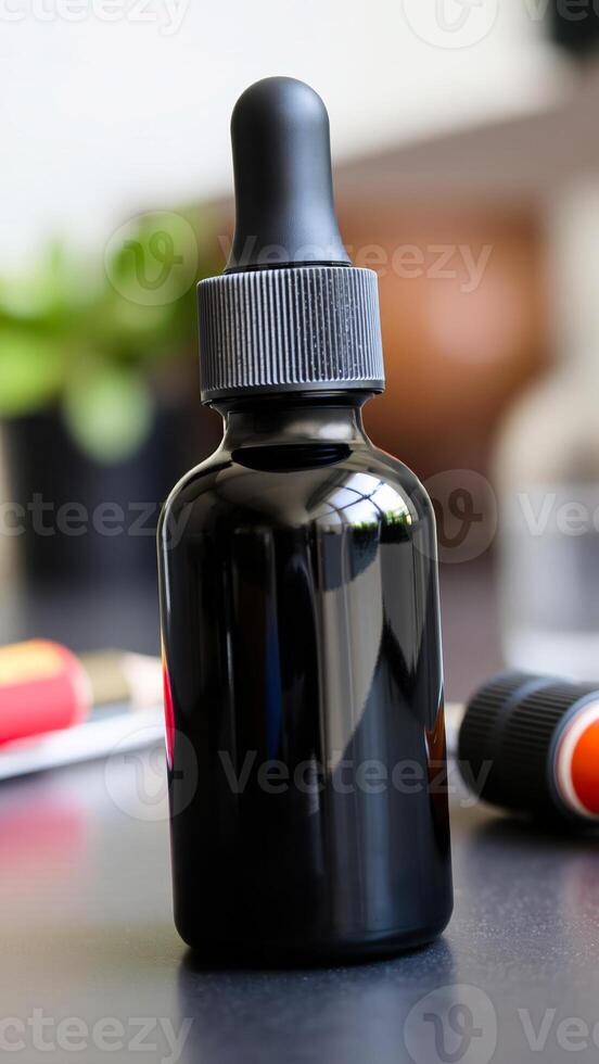 sleek dark glass bottle with a black dropper photo