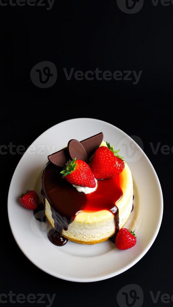 elegant strawberry cheesecake with chocolate and sauce photo