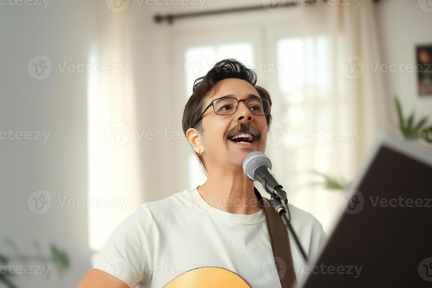 joyful man passionately singing into a microphone during an acoustic performance photo