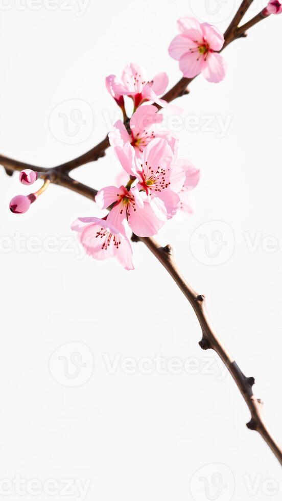 close-up of delicate pink blossoms on a branch against a white background photo