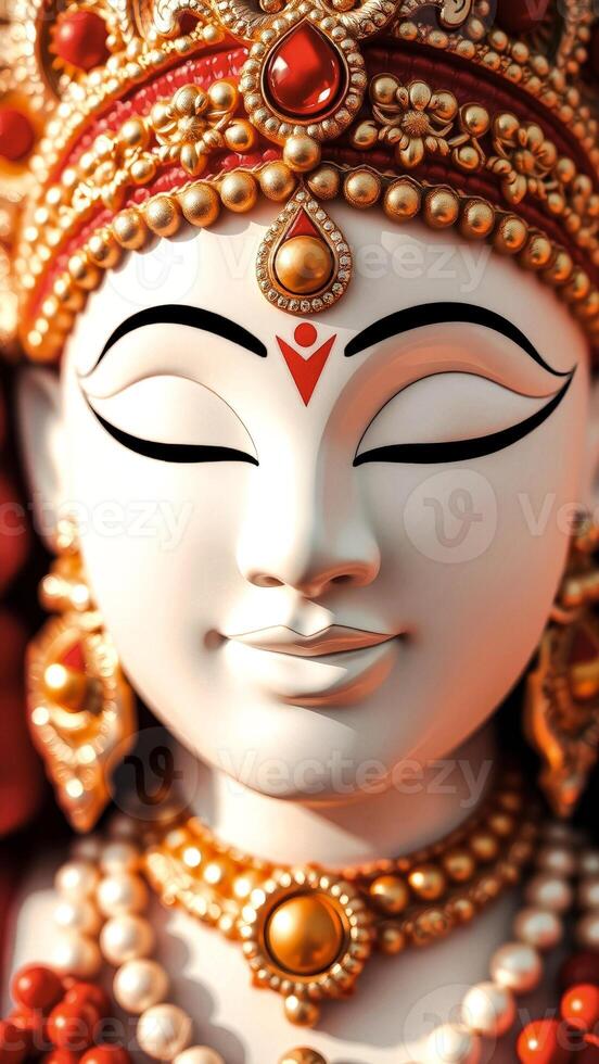 serene white statue with intricate gold and red jewelry photo