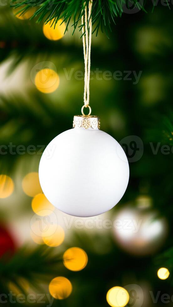 white spherical christmas ornament hangs from a green pine tree branch photo