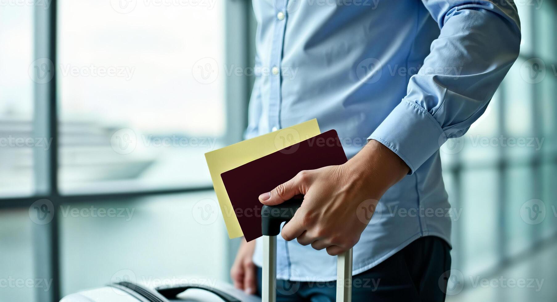 traveler's hand holding a passport and boarding pass while gripping a suitcase handle photo