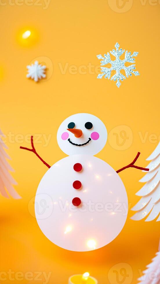 cheerful paper snowman with festive decorations on yellow background photo