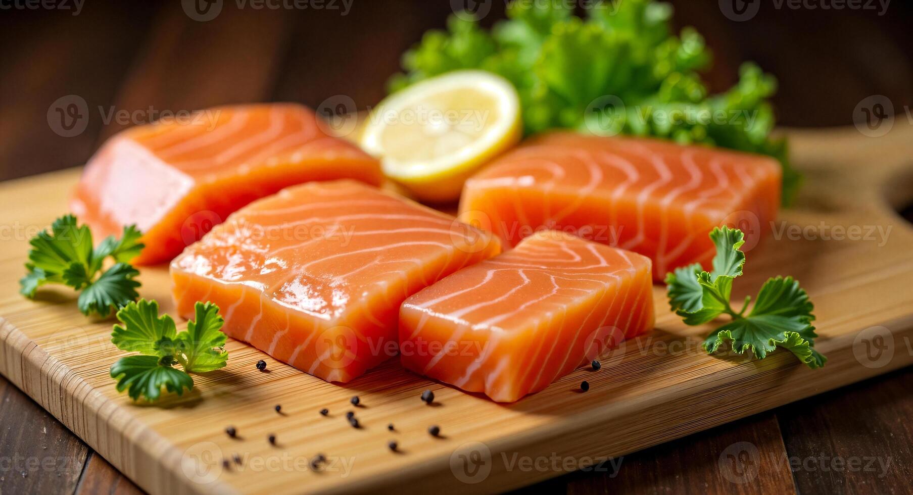 four succulent salmon fillets artfully arranged on a bamboo cutting board with parsley and lemon photo