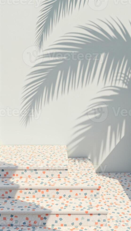 three-step terrazzo platform with palm leaf shadows photo