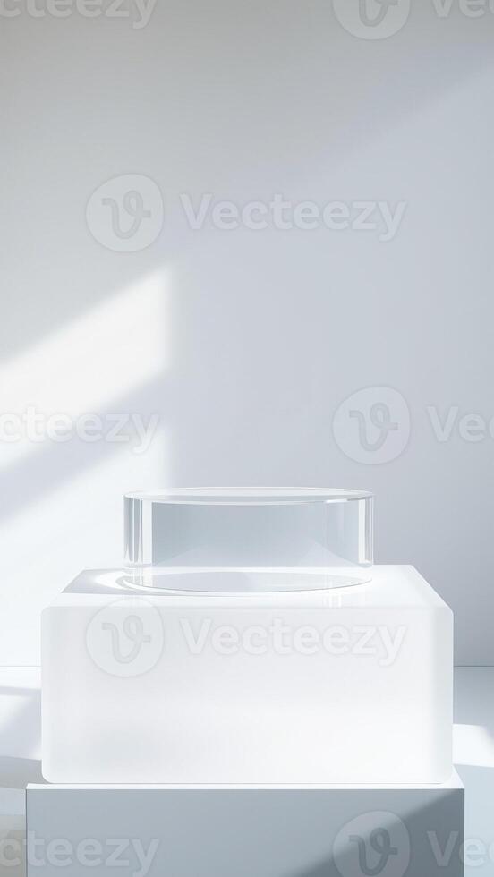 minimalist product display with glass cylinder platform and white cube base photo