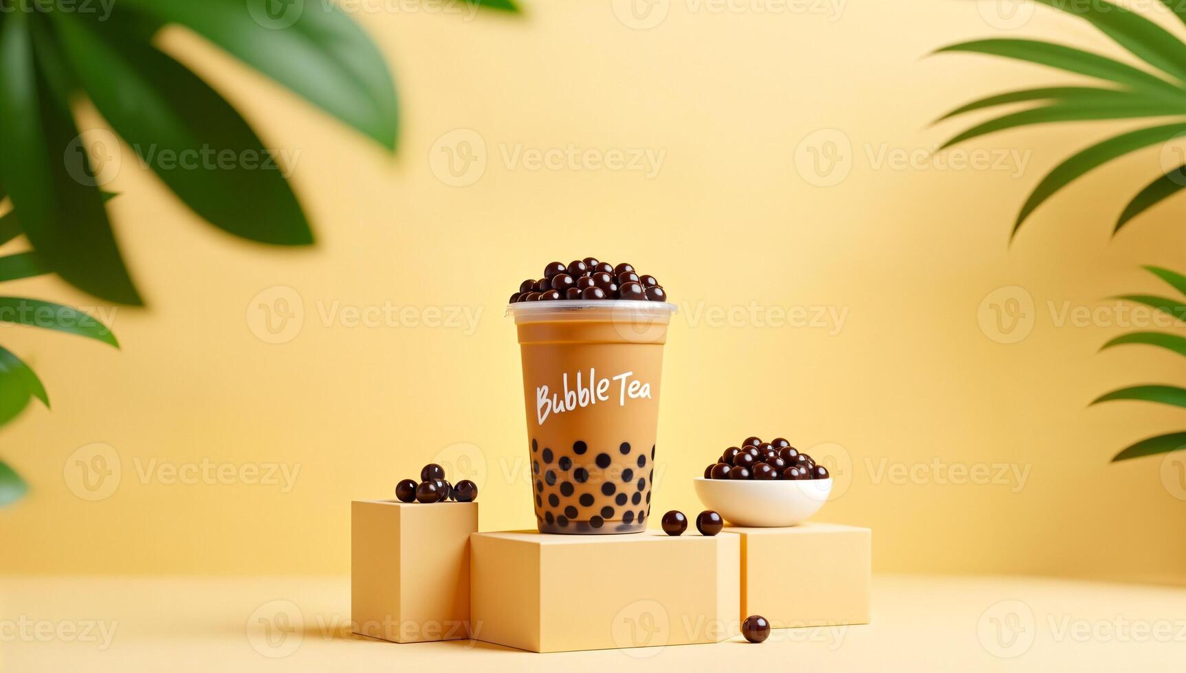 refreshing brown sugar bubble tea in clear cup photo
