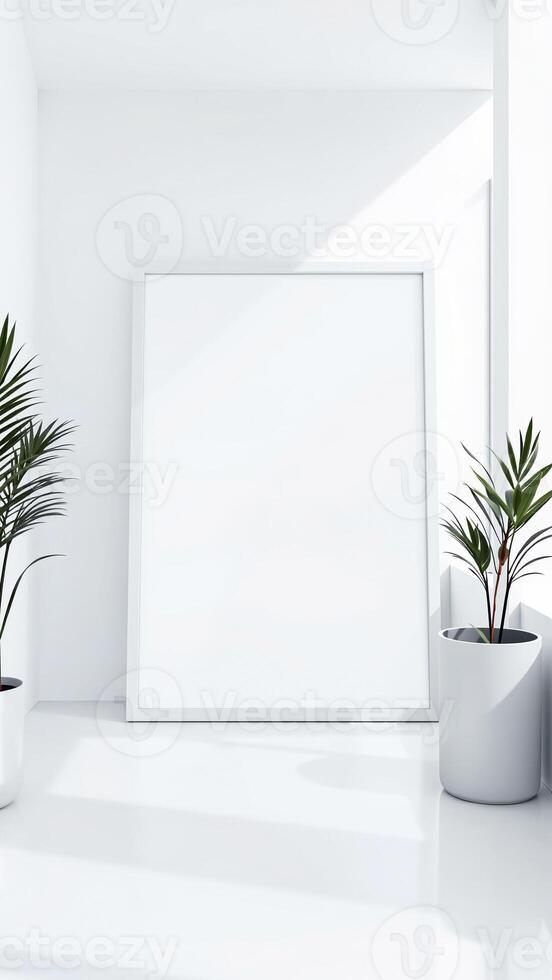 large white frame in a minimalist room setting with potted plants photo