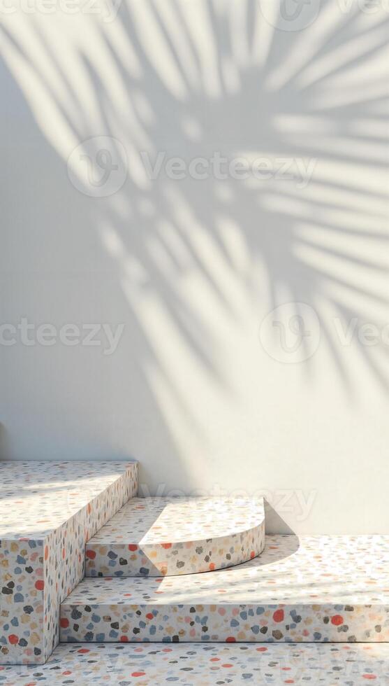 three-tiered terrazzo platforms with palm leaf shadows photo