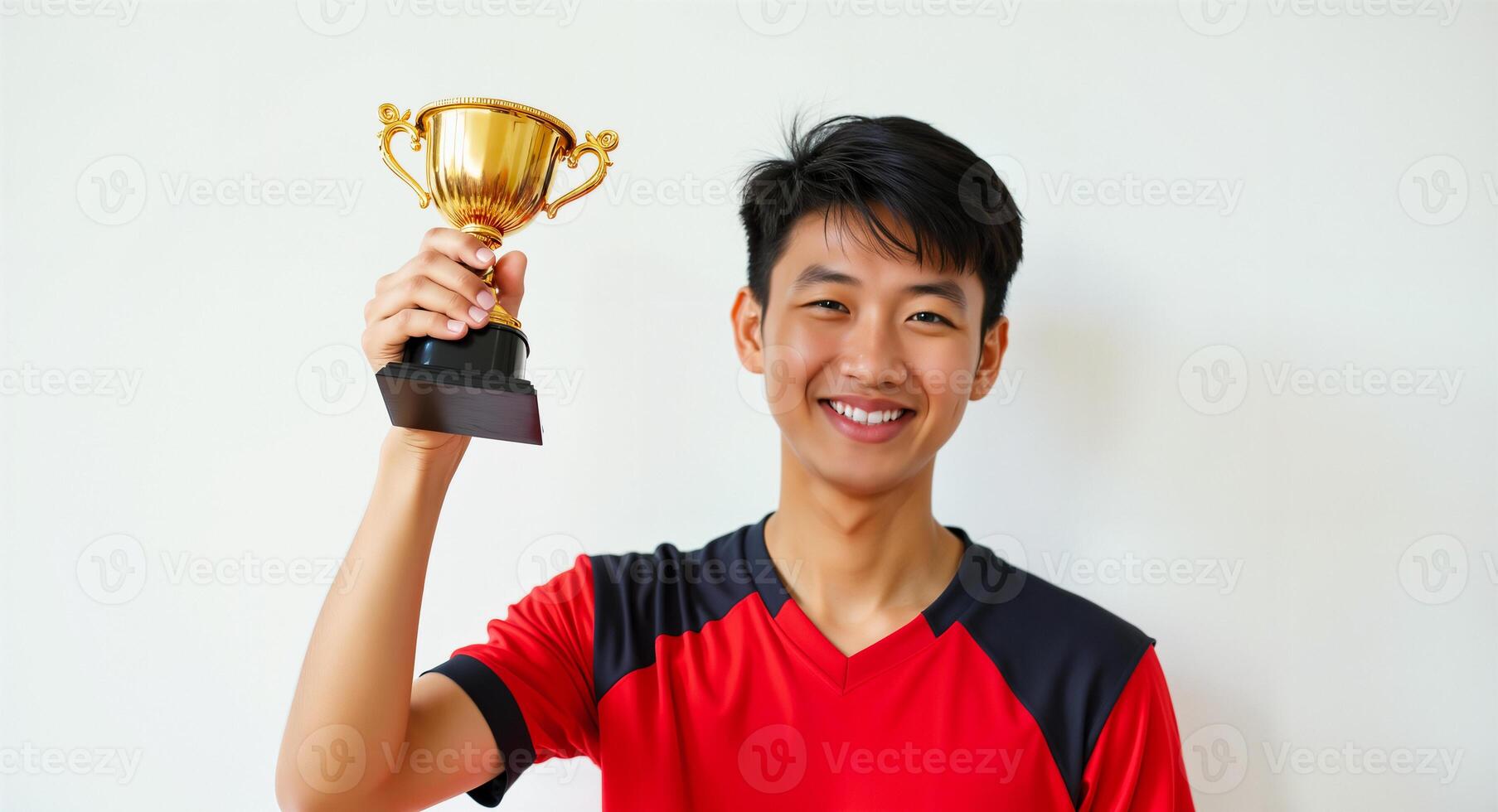 smiling young man proudly displays a golden trophy symbolizing his accomplishment. photo