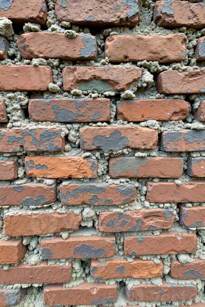 close-up view of an aged brick wall with weathered texture and faded paint photo