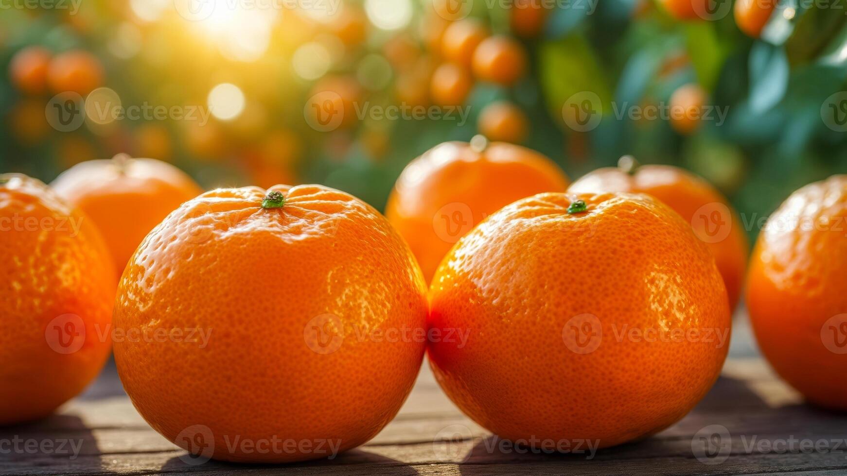 Freshly picked oranges on a wooden surface surrounded by lush trees at sunset in an orchard, showcasing vibrant colors and natural beauty photo