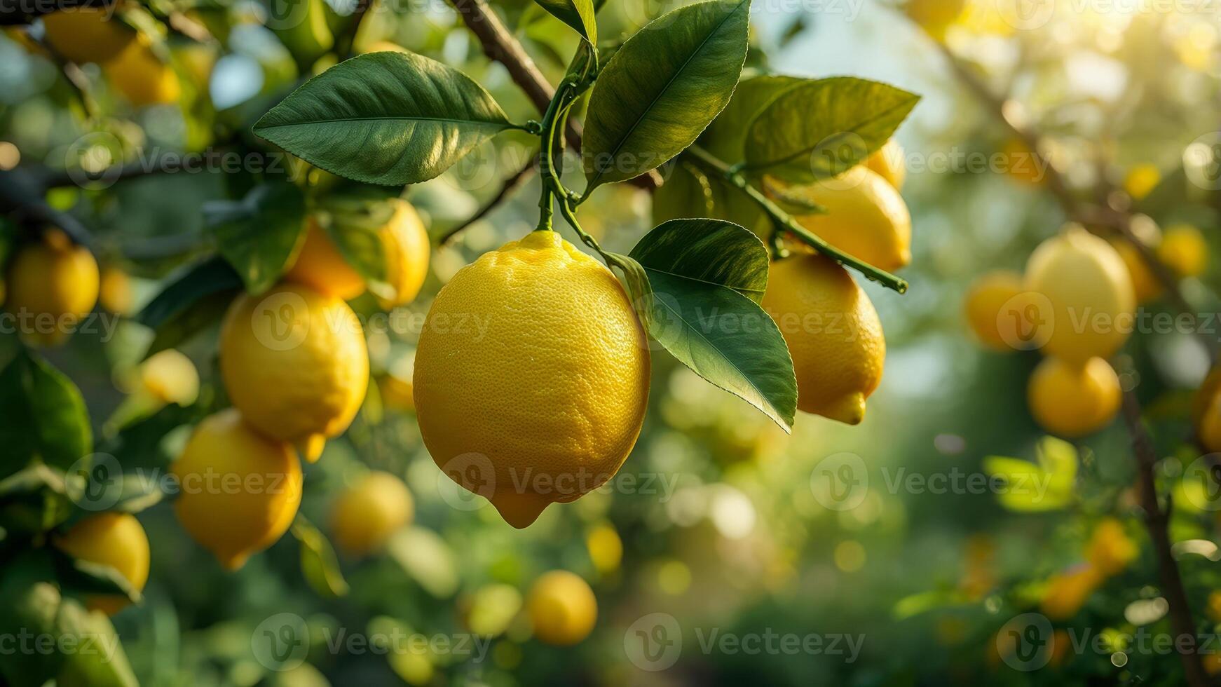 Lemon orchard in sunlight with ripe lemons hanging from branches amidst vibrant green leaves, creating a serene and refreshing atmosphere in early morning photo