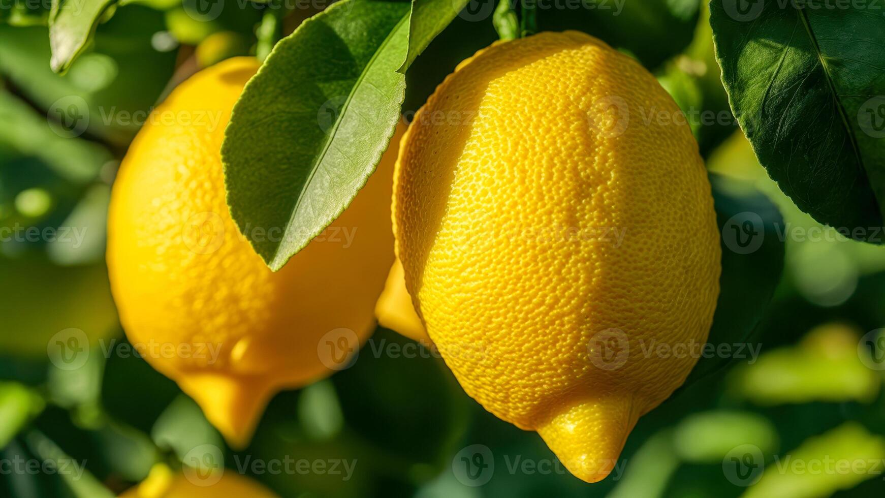 Bright yellow lemons hang from a lush green tree in a sunny orchard during the peak of summer, showcasing their vibrant color against the foliage and hinting at ripeness ready for harvest photo