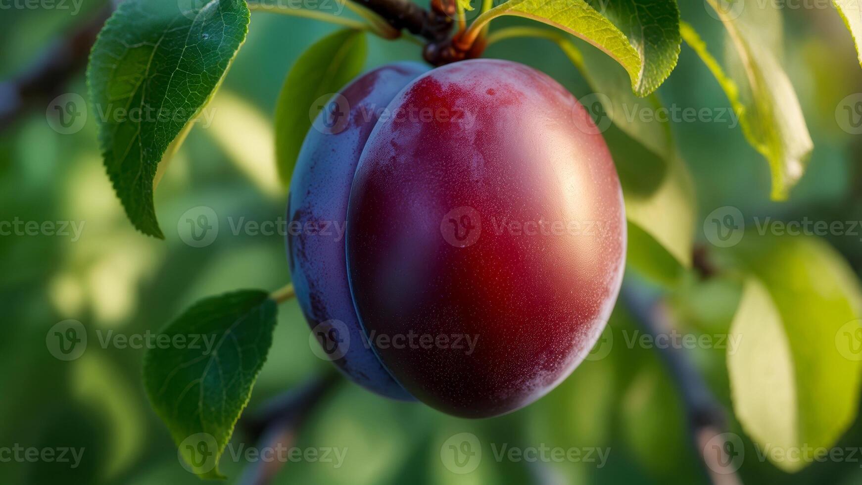 Juicy red plum hanging on a branch in a sunlit orchard during late summer, showcasing vibrant colors and lush green leaves photo