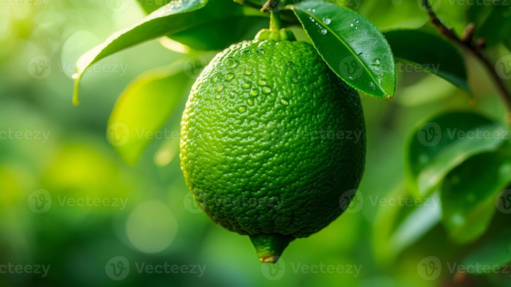 Lime hanging on a tree branch in a lush green garden during early morning hours, surrounded by vibrant foliage and morning dew photo