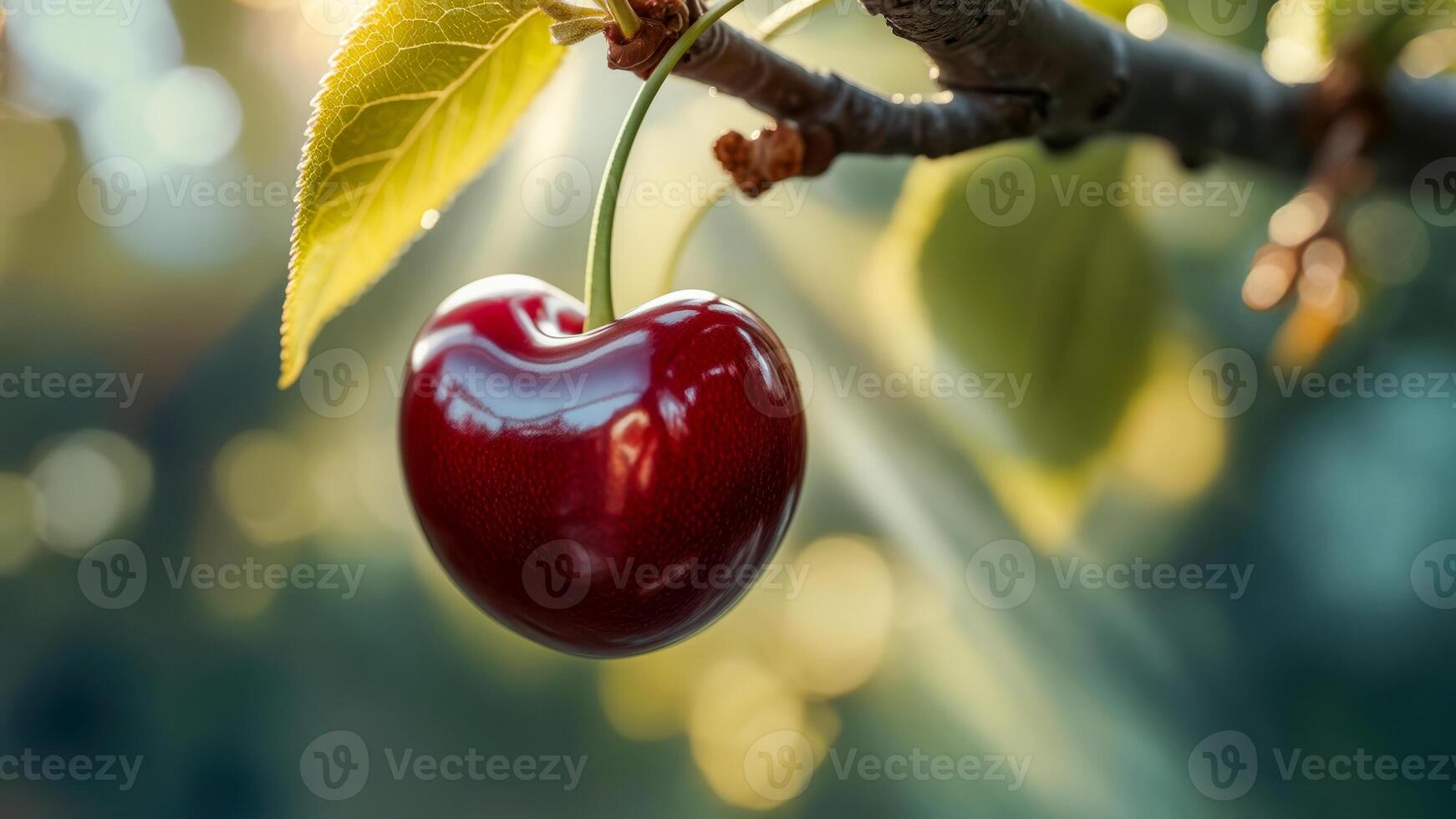 Cherry hanging from a branch illuminated by soft sunlight in an orchard, showcasing its ripe red color and glossy surface while surrounded by vibrant green leaves during a warm afternoon photo